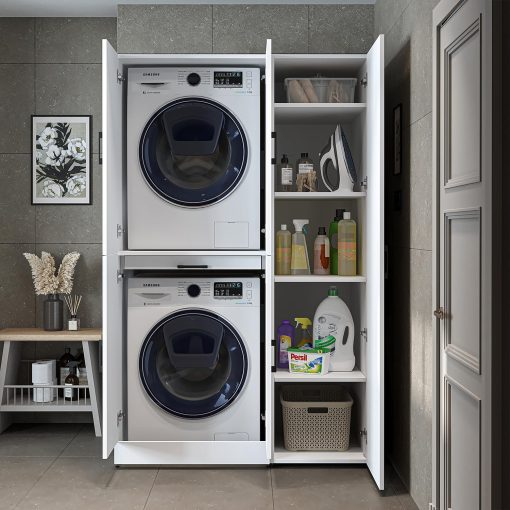 ROOMART Dora - Armoire de machine à laver - Pour sèche-linge et machine à laver - En 4 couleurs - Avec portes et panneau coulissant - Blanc - Chêne blanc - Chêne anthracite - Chêne blanc (chêne blanc) - Image 23