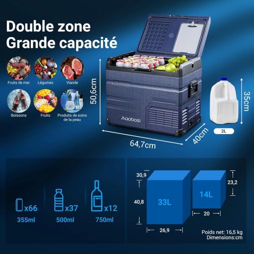 AAOBOSI 46 L Glaciere a Compression, Glaciere Electrique Double Zone, 12 V/24 V et 100-240 V Frigo Camping, -20 ℃ à 20 ℃, pour Voiture, Camion, Bateau, Camping-Car - Image 39