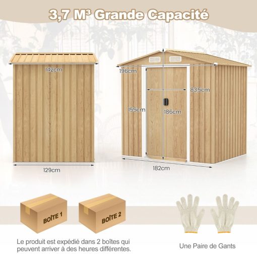Abri de Jardin 2.3㎡ en Acier Galvanisé Anti-UV 196x142x186cm Cabane de Jardin Exterieur 3.7m3 avec Porte Coulissante Rampe Naturel - Image 10