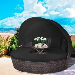 Lit de Jardin Rond d'Exterieur Table Relevable Modulable & Convertible - Pare Soleil Réglable rotin PE Coussins Inclus  Noir