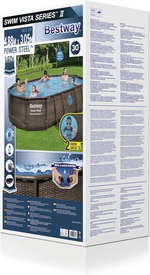 Bestway 56946 Piscine Power Steel? Swim Vista ovale 488 x 305 x 107 cm motif rotin avec hublots, filtration à sable, échelle, bache et diffuseur Chemconnect? - Image 7