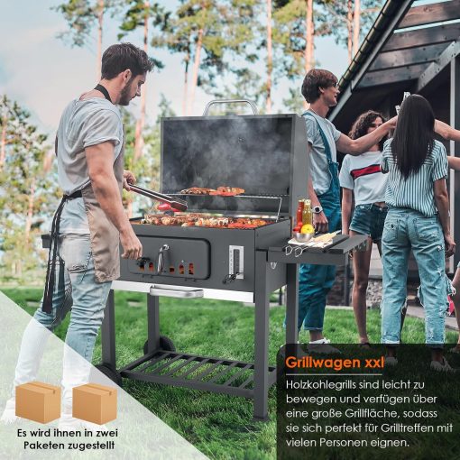 Barbecue Charbon de Bois XL, Chariot à Barbecue, Grill XL à Charbon avec Couvercle, Roues et Thermomètre, Réglable en Hauteur, Grand Barbecue au Charbon de Bois, pour Camping et Jardin, Noir - Image 10