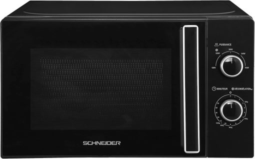 SCHNEIDER SCMW20SMB, Micro ondes solo, 20 litres, Fonction décongélation, 5 niveaux de puissance, Puissance (700W), Commande mécanique, Plateau tournant (25.5cm), Noir