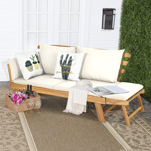 Chaise Longue Convertible avec Coussin Canapé de Jardin 2 en 1 en Bois d’Acacia avec Accoudoir Réglable pour Patio Piscine Jardin Blanc/Gris/Bleu/Rouge - Image 2