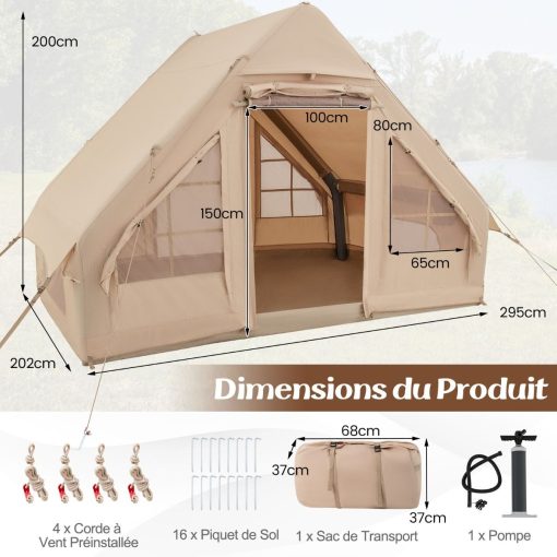 Tente de Camping Gonflable 6 m2 pour 4-6 Personnes Tente en Coton Coupe-vent et Imperméable avec Pompe 7 Fenêtres à Moustiquaire Beige - Image 11