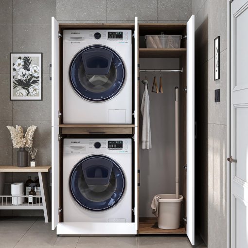 ROOMART Dora - Armoire de machine à laver - Pour sèche-linge et machine à laver - En 4 couleurs - Avec portes et panneau coulissant - Blanc - Chêne blanc - Chêne anthracite - Chêne blanc (chêne blanc) - Image 38