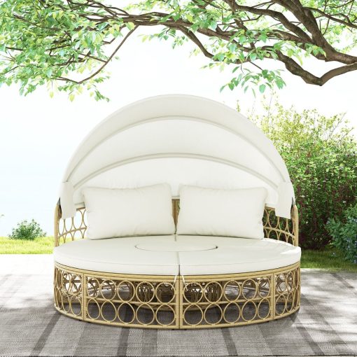 Lit de Repos Rond pour Patio avec Auvent Rétractable Ensemble de Siège Sectionnels Séparés en Rotin PE avec Coussins Doux Blanc - Image 2