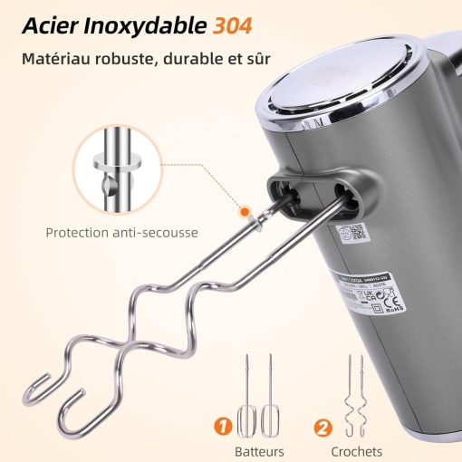 Aigostar Adela - Batteur électrique, Batteur à Main électrique Ultra Puissant de 400W. 5 Vitesses + Turbo, Bouton D'éjection. 1 Support de Rangement et 2 Batteurs et 2 Crochets Pétrisseurs. - Image 3