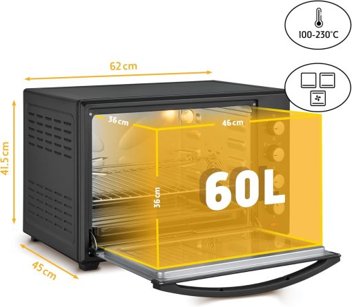 TZS First Austria Mini-four 60 l I 2000 W I Convection + R?tisserie I 4 éléments chauffants I Plage de température jusqu'à 230 °C I Minuterie 60 min I Inox I Noir - Image 2