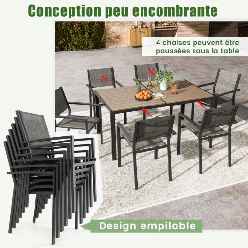 Ensemble de Meubles de Patio 7 Pièces pour 6 Personnes Salon de Jardin avec 6 Chaises Empilables et Table Rectangulaire Gris - Image 7