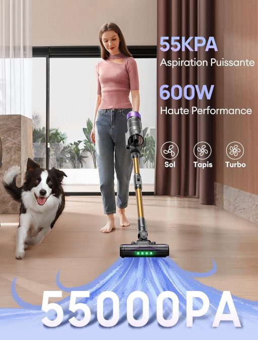 Ultenic U20 Aspirateur Balai sans Fil, 55kPa/60min Aspirateur sans Fil, Technologie GreenEye, Tube Pliable, Brosse de Sol TangleTame, Puissant pour Poils Animaux, Sol Dur et Voiture - Image 2