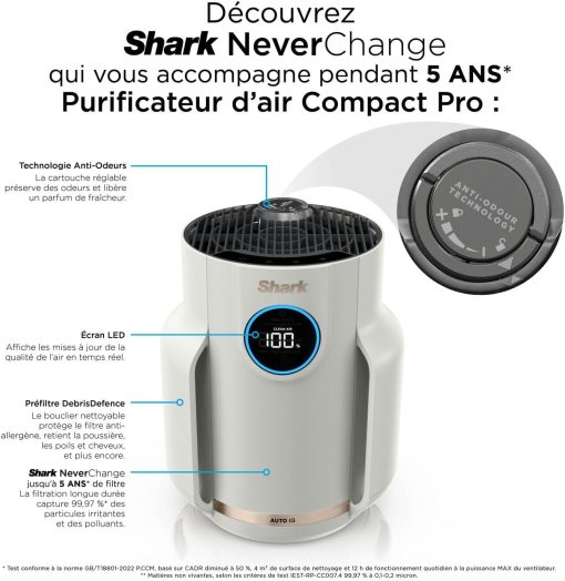 Shark NeverChange jusqu'à 5 ans Purificateur d'air MAX intérieur, Couvre 130m2, Filtre HEPA 5 ans, Capture 99,97% allergènes, Mode automatique, Silencieux, LED, Blanc HP300EU - Image 21
