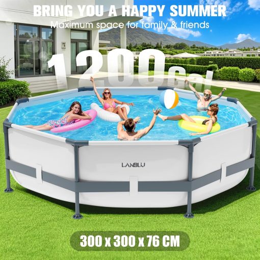 LanBlu Piscine Tubulaire Ronde 300 x 300 x 76cm, Piscine Hors Sol Ronde avec Matériau Anti-Crevaison, Grande Piscines Steel Frame Adulte Vidange Rapide, Piscines Tubulaire Jardin pour Toute la Famille - Image 2