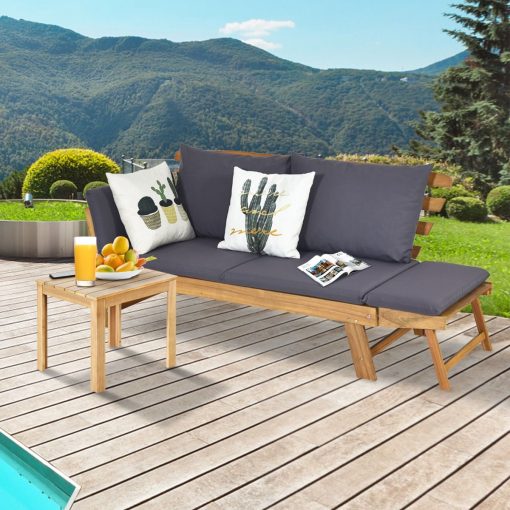Chaise Longue Convertible avec Coussin Canapé de Jardin 2 en 1 en Bois d’Acacia avec Accoudoir Réglable pour Patio Piscine Jardin Blanc/Gris/Bleu/Rouge - Image 26
