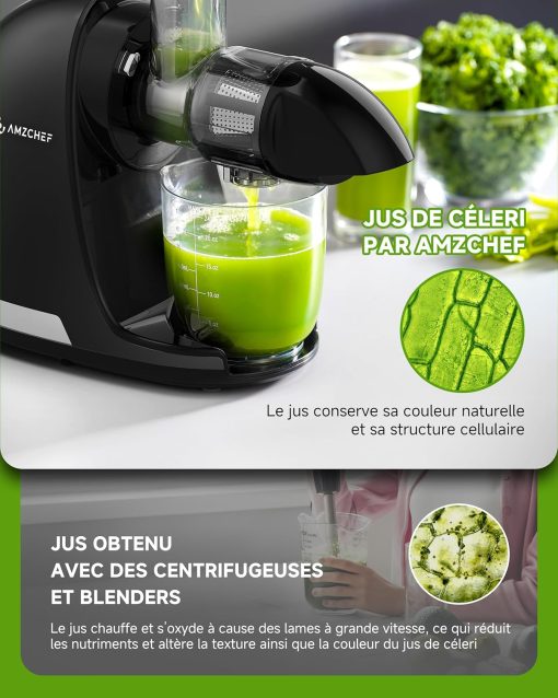 AMZCHEF Extracteur Jus - Extracteur de Jus de Fruits et Légumes - Presses-agrumes à Froid sans BPA avec 2 Tasses et Brosse - Fonction de Mastication Inversée pour éviter les Blocages - Argent - Image 19