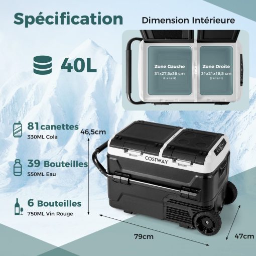 Glacière électrique Portable Double Zone 40L Réfrigérateur de Voiture 12 V à Compresseur -20℃?~?20℃ 12/24V CC et 100-240V CA Noir - Image 10