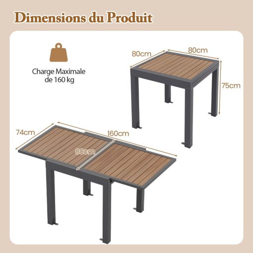 Table de Jardin Extensible en Aluminium Ajustable de 80 à 160 CM Table à Manger Extérieure Rectangulaire pour 4-6 Personnes Naturel - Image 9