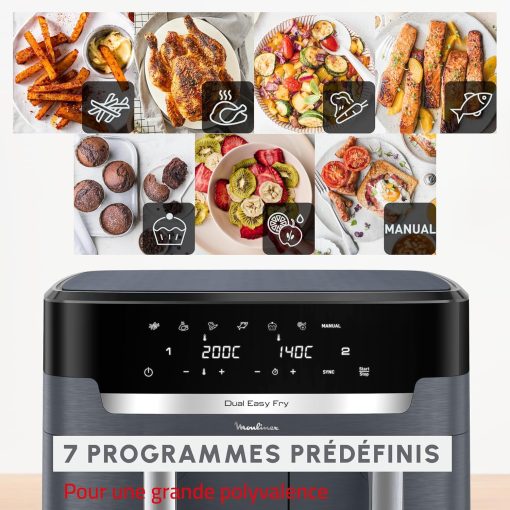 Moulinex air fryer two compartments, large capacity 8.3L, 8 people, 7 automatic programs, oil-free fryer, digital touch screen, Dual essential stainless steel, EZ901820, Black - Image 16