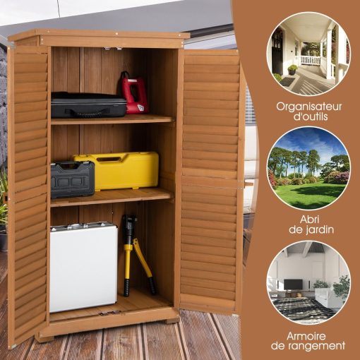 Abri de Jardin En Bois 160 Cm Toit en Asphalte 2 Portes Verrouillables avec Loquet Armoire Cabane en Sapin Pré-Huilé Imperméable 3 étagères Amovibles Naturel - Image 9