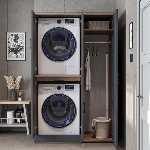 ROOMART Dora - Armoire de machine à laver - Pour sèche-linge et machine à laver - En 4 couleurs - Avec portes et panneau coulissant - Blanc - Chêne blanc - Chêne anthracite - Chêne blanc (chêne blanc) - Image 18