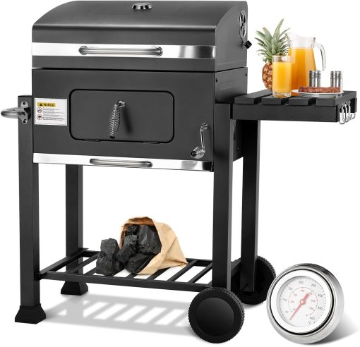 Barbecue Charbon de Bois XL, Chariot à Barbecue, Grill XL à Charbon avec Couvercle, Roues et Thermomètre, Réglable en Hauteur, Grand Barbecue au Charbon de Bois, pour Camping et Jardin, Noir - Image 2
