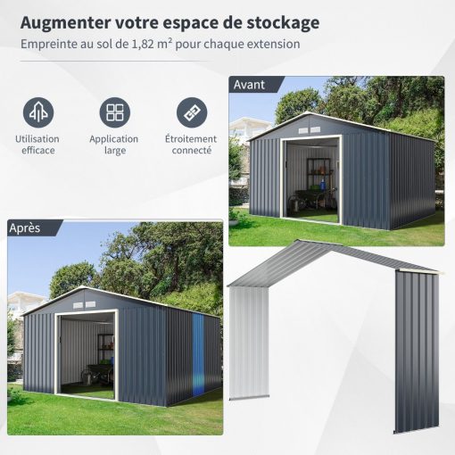 Abri de Jardin en Métal & Extension 10.85㎡ avec 2 Portes Coulissantes Verrouillables 4 Trous d’Aération Gris pour Vélo - Image 9