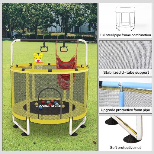 Trampoline pour Enfants, Trampoline réglable pour bébé avec Panier de Basket-Ball, Trampoline intérieur et extérieur de 200 kg avec enclos - Image 22