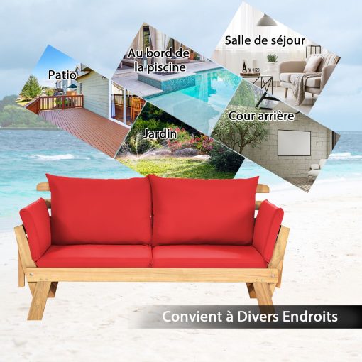 Chaise Longue Convertible avec Coussin Canapé de Jardin 2 en 1 en Bois d’Acacia avec Accoudoir Réglable pour Patio Piscine Jardin Blanc/Gris/Bleu/Rouge - Image 43