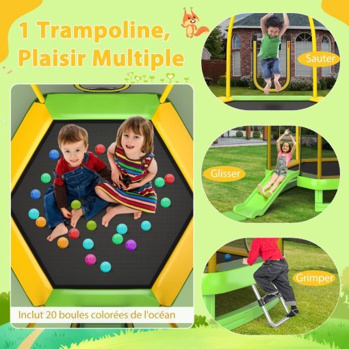 Trampoline Extérieur ? 223cm avec Toboggan&Echelle avec Filet de Sécurité 2 Portes en U Charge 270kg pour 2-3 Enfants de 3 Ans+ Bleu/Vert - Image 13