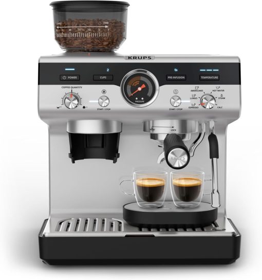 Krups Virtuoso+, Machine expresso, Machine a cafe à pompe, expresso machine a cafe moulu ou dosettes, 15 bars, Inox, Buse vapeur, Espresso et cappuccino, XP444G10