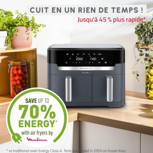 Moulinex air fryer two compartments, large capacity 8.3L, 8 people, 7 automatic programs, oil-free fryer, digital touch screen, Dual essential stainless steel, EZ901820, Black - Image 15