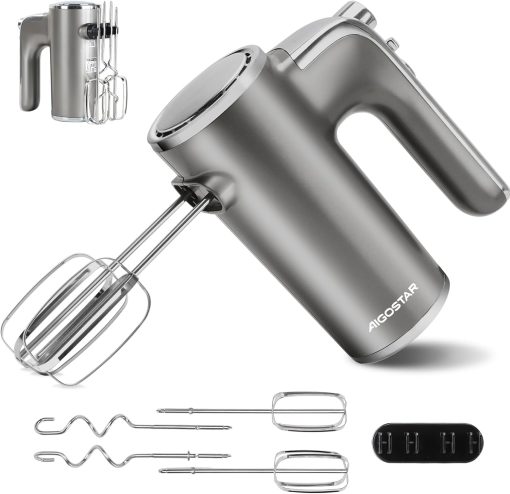 Aigostar Adela - Batteur électrique, Batteur à Main électrique Ultra Puissant de 400W. 5 Vitesses + Turbo, Bouton D'éjection. 1 Support de Rangement et 2 Batteurs et 2 Crochets Pétrisseurs.
