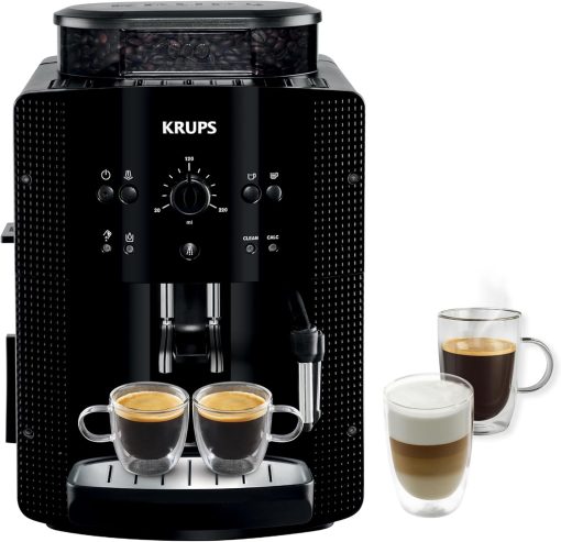 Krups Machine à café grain, 1,7 L, 2 tasses en simultané, Nettoyage automatique, Buse vapeur pour Cappuccino, Cafetière espresso, Essential noire YY8125FD, Noir - Image 2