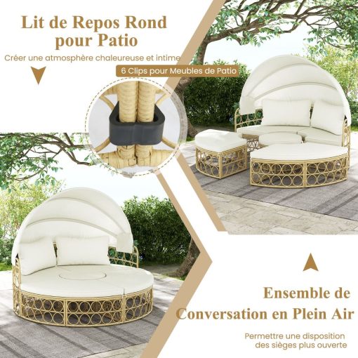Lit de Repos Rond pour Patio avec Auvent Rétractable Ensemble de Siège Sectionnels Séparés en Rotin PE avec Coussins Doux Blanc - Image 10