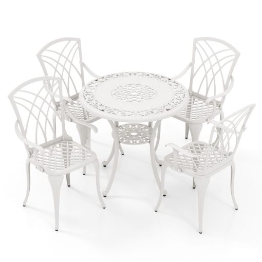5 Pcs Salon de Jardin en Fonte d'Aluminium Trou pour Parasol Repose-pieds Réglables Ensemble de Table Ronde et 4 Chaises Blanc - Image 3