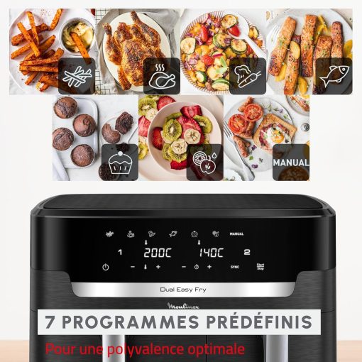 Moulinex air fryer two compartments, large capacity 8.3L, 8 people, 7 automatic programs, oil-free fryer, digital touch screen, Dual essential stainless steel, EZ901820, Black - Image 31