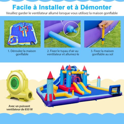 Chateau Gonflable à Toboggans Aquatiques Thème de La Fusée pour Enfants Piscine Zone de Saut Pistolet à Eau Escalade Souffleur de 850 W Multicolore - Image 10