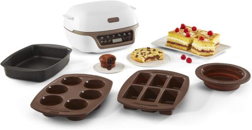 Tefal Machine à gateaux, 5 programmes automatiques pour réglage, 1 mode manuel, 3 moules flexibles, 1 grand moule en acier revêtu, Compatible avec moules Crispybake, Cake Factory+ KD802112