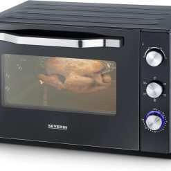 SEVERIN Mini-Four à chaleur tournante 42 L avec pierre à pizza et tournebroche, Four posable 1 800 W design élégant, électrique avec minuteur 120 min, Noir/Inox, TO 2058