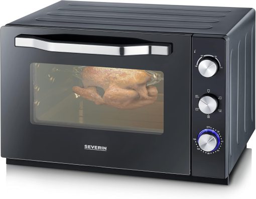 SEVERIN Mini-Four à chaleur tournante 42 L avec pierre à pizza et tournebroche, Four posable 1 800 W design élégant, électrique avec minuteur 120 min, Noir/Inox, TO 2058