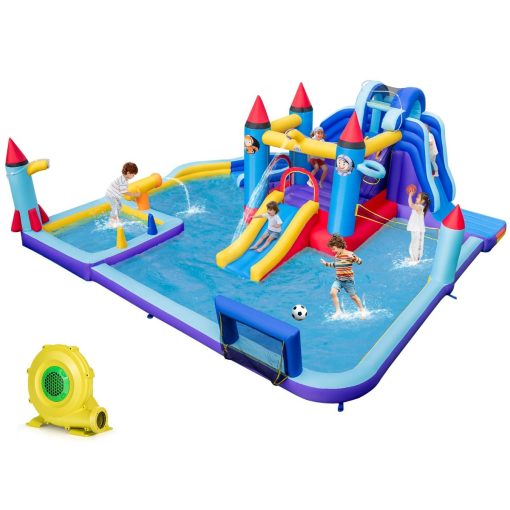 Chateau Gonflable à Toboggans Aquatiques Thème de La Fusée pour Enfants Piscine Zone de Saut Pistolet à Eau Escalade Souffleur de 850 W Multicolore - Image 2