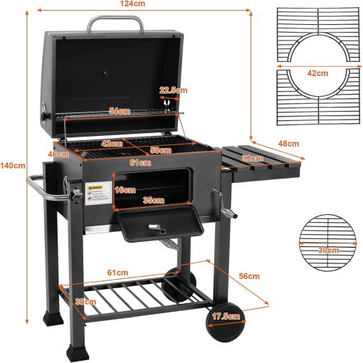 Barbecue Charbon de Bois XL, Chariot à Barbecue, Grill XL à Charbon avec Couvercle, Roues et Thermomètre, Réglable en Hauteur, Grand Barbecue au Charbon de Bois, pour Camping et Jardin, Noir - Image 33