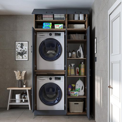ROOMART Dora - Armoire de machine à laver - Pour sèche-linge et machine à laver - En 4 couleurs - Avec portes et panneau coulissant - Blanc - Chêne blanc - Chêne anthracite - Chêne blanc (chêne blanc) - Image 44