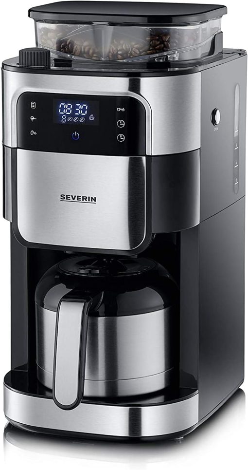 SEVERIN Coffee maker with integrated grinder 1000 W, Programmable coffee machine with timer, Drip coffee maker with 8 cup insulated jug, Black/Stainless steel, KA 4814 - Image 2