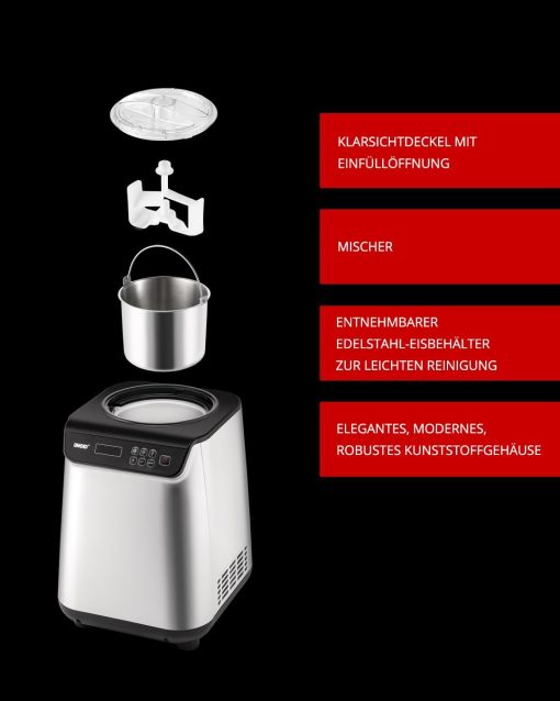 Unold Uno 48825 Sorbetière – Compresseur auto-refroidissant, entièrement automatique, 135 W, refroidissement à -35 °C, écran LCD, récipient en acier inoxydable, minuterie, compresseur - Image 5