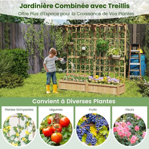 Jardinière avec 2 Treillis 2 Bacs Toit Suspendu en Bois Lit de Jardin Surélevé avec 4 Trous de Drainage 180 x 48 x 183 cm Orange - Image 8