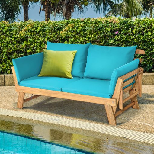 Chaise Longue Convertible avec Coussin Canapé de Jardin 2 en 1 en Bois d’Acacia avec Accoudoir Réglable pour Patio Piscine Jardin Blanc/Gris/Bleu/Rouge - Image 16