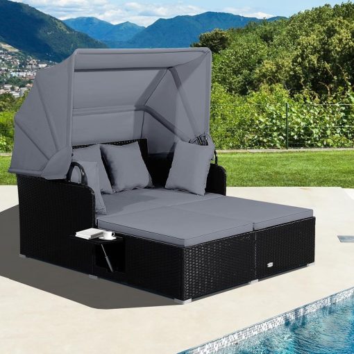 Chaise Longue à 2 Places en Rotin avec Auvent Rétractable Bain de Soleil avec Panneaux Latéraux Pliables Charge 360KG Beige/Gris - Image 3