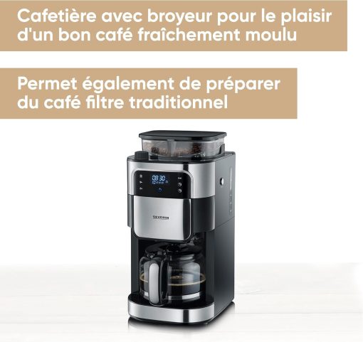 SEVERIN Coffee maker with integrated grinder 1000 W, Programmable coffee machine with timer, Drip coffee maker with 8 cup insulated jug, Black/Stainless steel, KA 4814 - Image 3