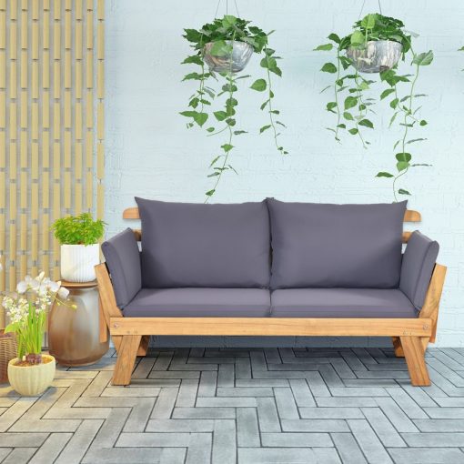 Chaise Longue Convertible avec Coussin Canapé de Jardin 2 en 1 en Bois d’Acacia avec Accoudoir Réglable pour Patio Piscine Jardin Blanc/Gris/Bleu/Rouge - Image 27